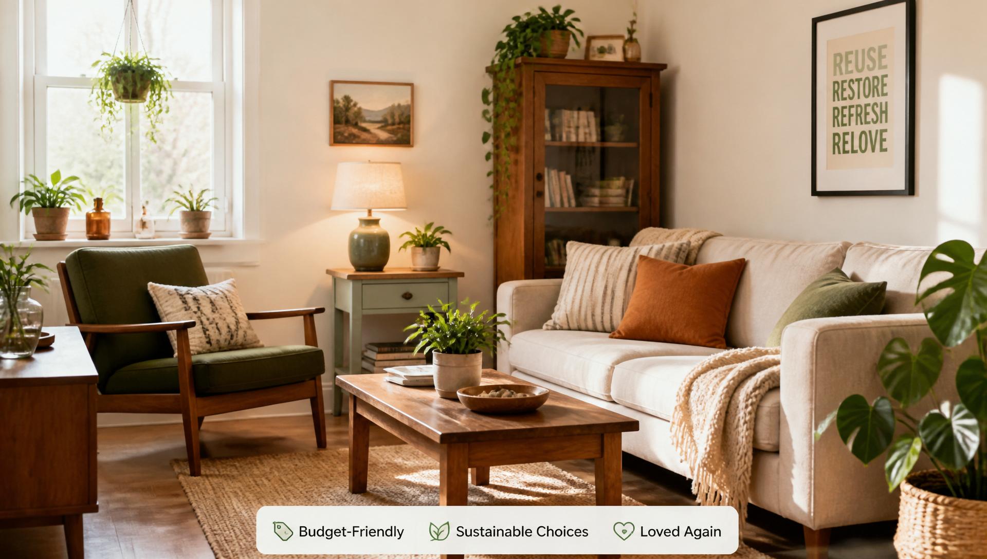 A warm living room refreshed with sustainable, budget-friendly home pieces